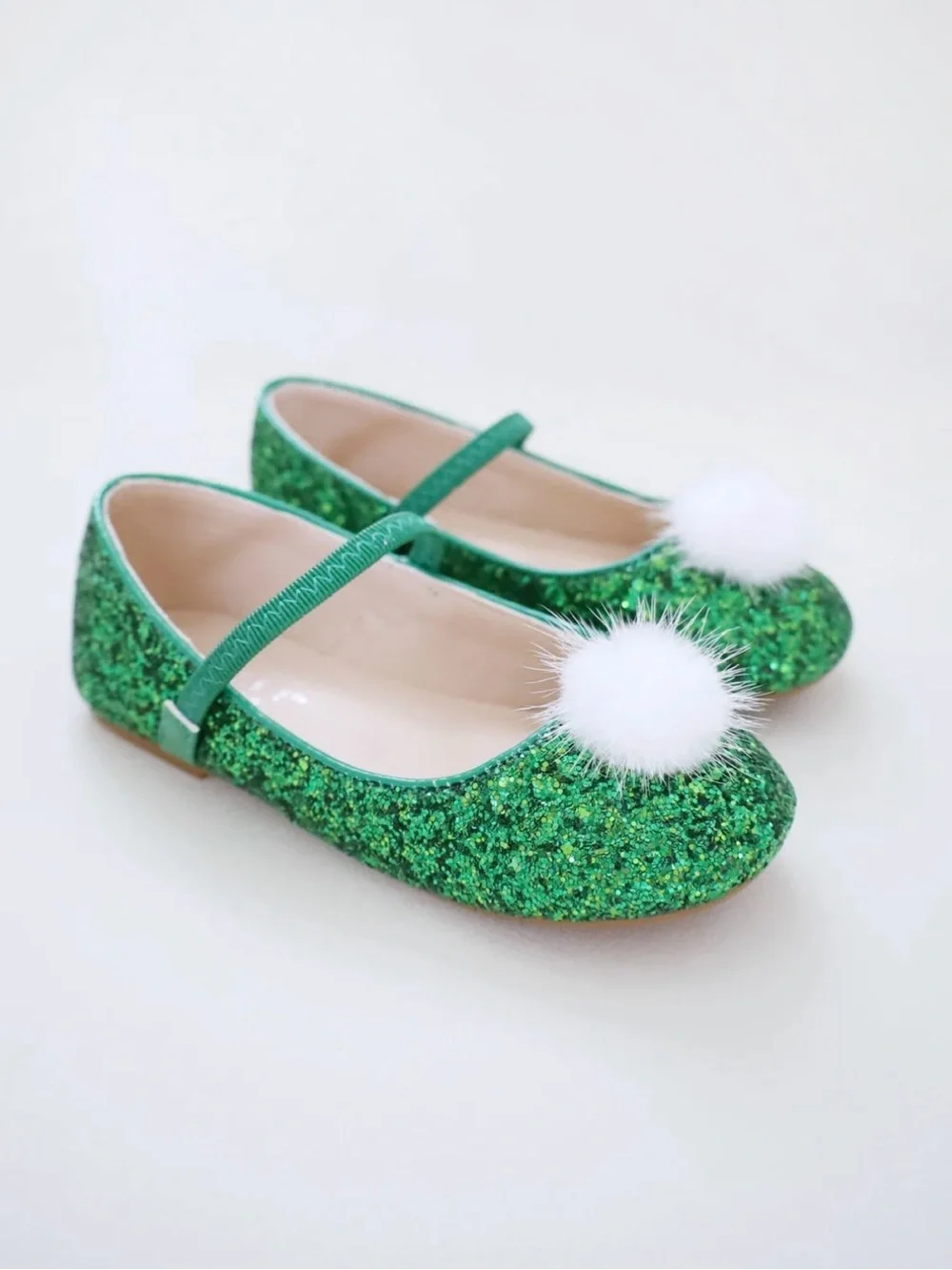Girls Sparkling Emerald Mary Jane Shoes with White Pom Accent